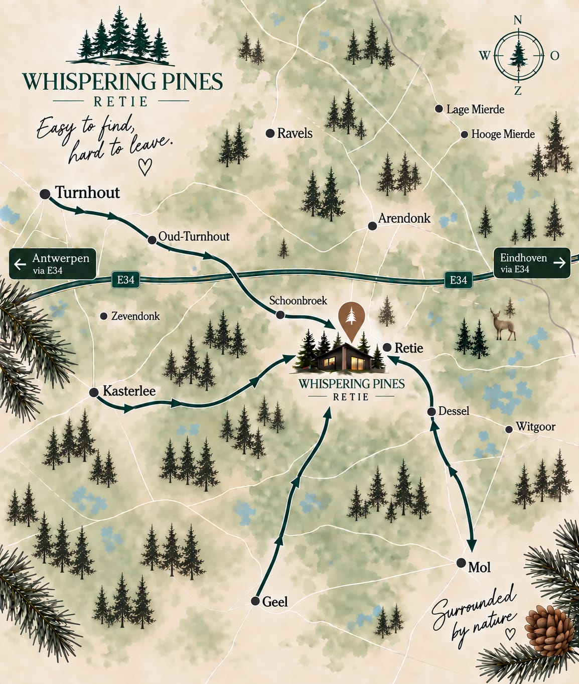 Ligging van Whispering Pines in Retie